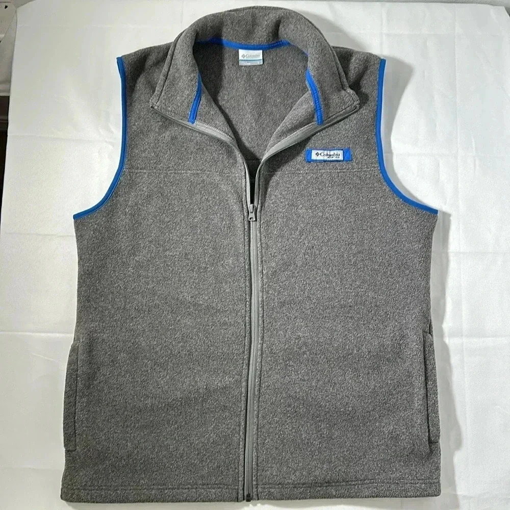 Columbia PFG Vest Men L Gray Blue Trim Fleece Full Zip Pockets Outdoors Fishing